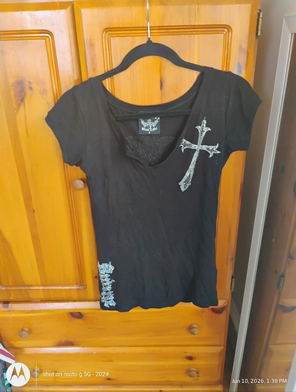Black Label Black Short Sleeve Tee with Silver Cross Stud Detail